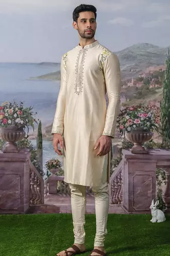 Off white embroidered chanderi silk kurta pajama