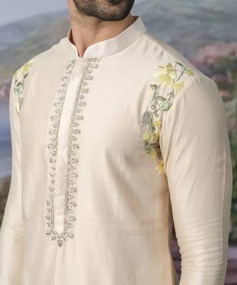 Off white embroidered chanderi silk kurta pajama 4