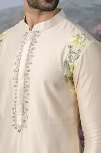 Off white embroidered chanderi silk kurta pajama