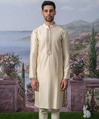 Off white embroidered chanderi silk kurta pajama 5