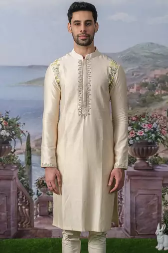 Off white embroidered chanderi silk kurta pajama
