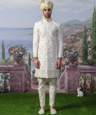 White embroidered chanderi silk sherwani 1