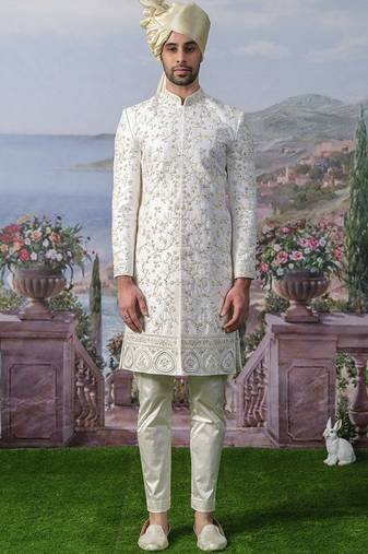 White embroidered chanderi silk sherwani