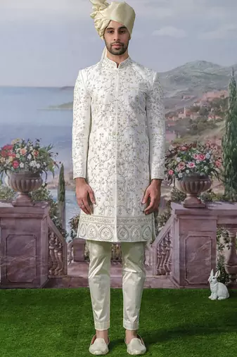 White embroidered chanderi silk sherwani
