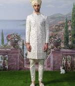 White embroidered chanderi silk sherwani