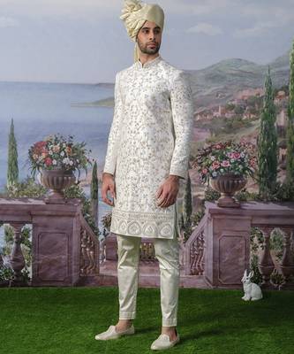 White embroidered chanderi silk sherwani 2
