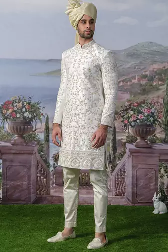 White embroidered chanderi silk sherwani