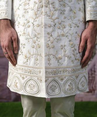 White embroidered chanderi silk sherwani 3