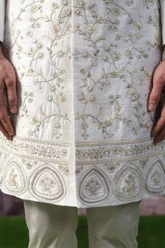 White embroidered chanderi silk sherwani