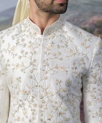 White embroidered chanderi silk sherwani 4