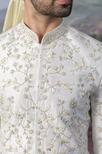 White embroidered chanderi silk sherwani