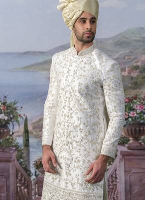 White embroidered chanderi silk sherwani 5