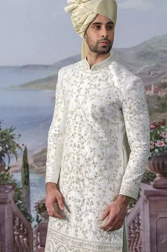 White embroidered chanderi silk sherwani