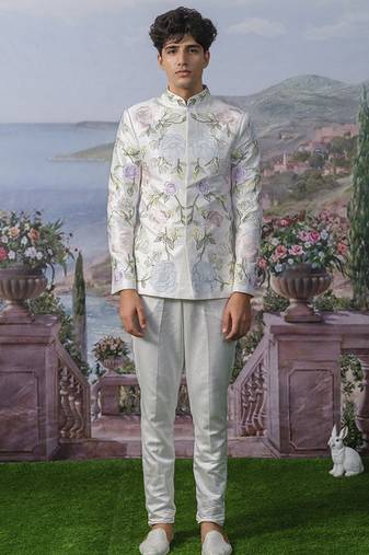 White embroidered chanderi silk bandhgala suit