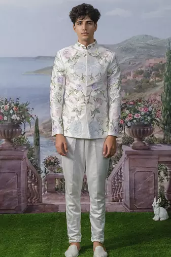 White embroidered chanderi silk bandhgala suit