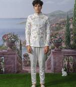 White embroidered chanderi silk bandhgala suit