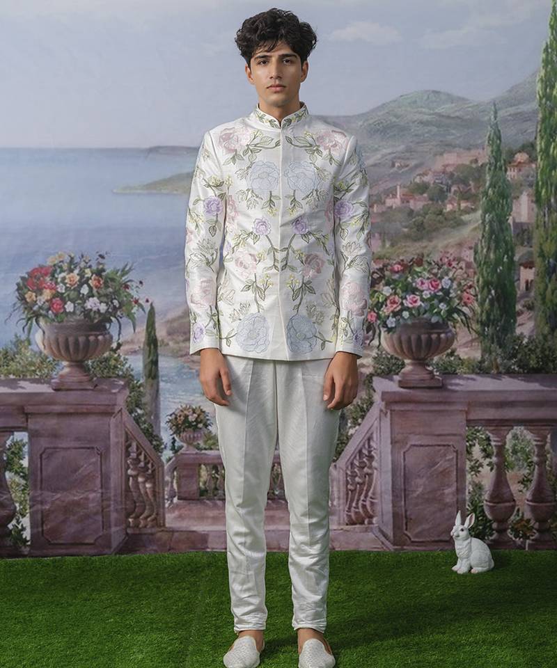 White embroidered chanderi silk bandhgala suit