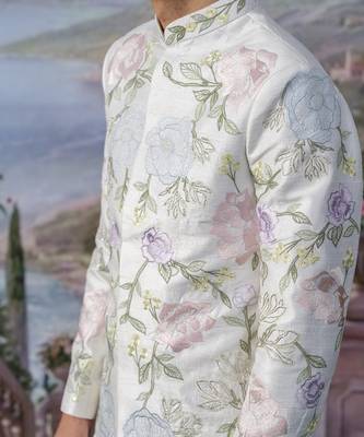 White embroidered chanderi silk bandhgala suit 2
