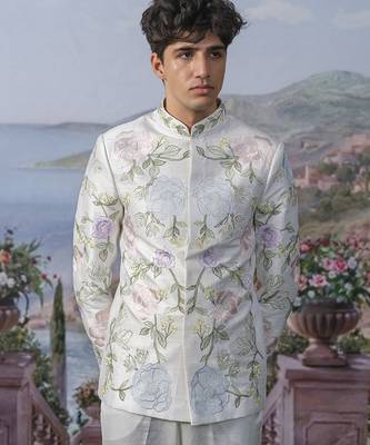 White embroidered chanderi silk bandhgala suit 3