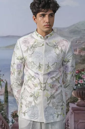 White embroidered chanderi silk bandhgala suit