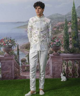 White embroidered chanderi silk bandhgala suit 4