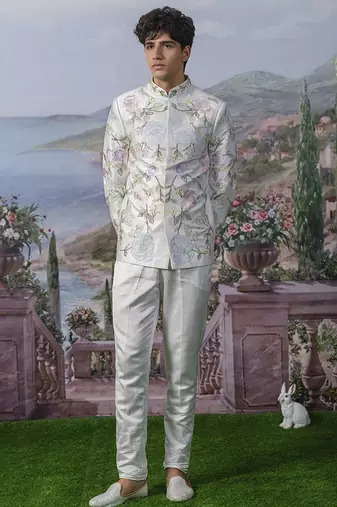 White embroidered chanderi silk bandhgala suit
