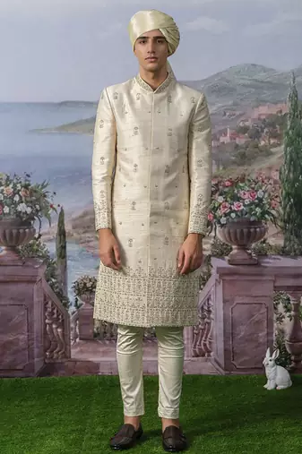 White embroidered chanderi silk sherwani