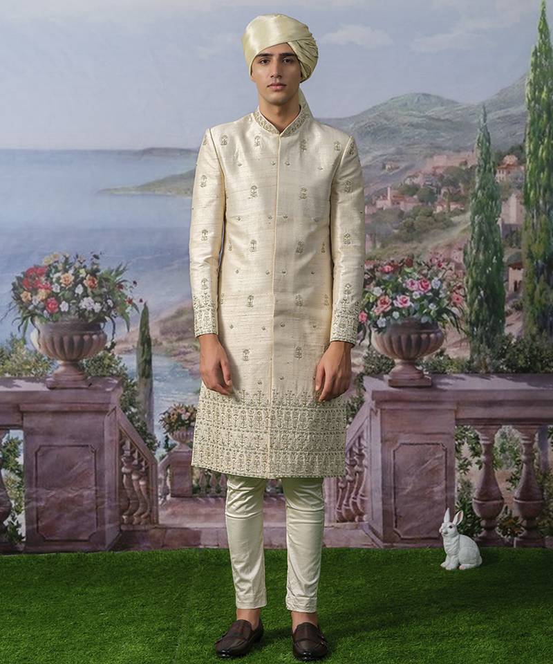 White embroidered chanderi silk sherwani