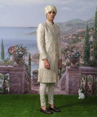 White embroidered chanderi silk sherwani 2