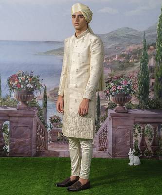 White embroidered chanderi silk sherwani 3