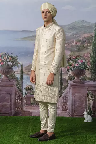 White embroidered chanderi silk sherwani