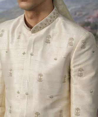 White embroidered chanderi silk sherwani 4
