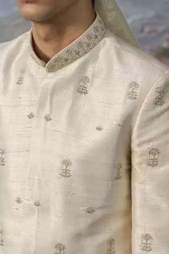 White embroidered chanderi silk sherwani