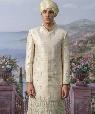 White embroidered chanderi silk sherwani 5