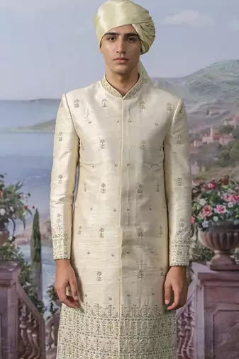 White embroidered chanderi silk sherwani