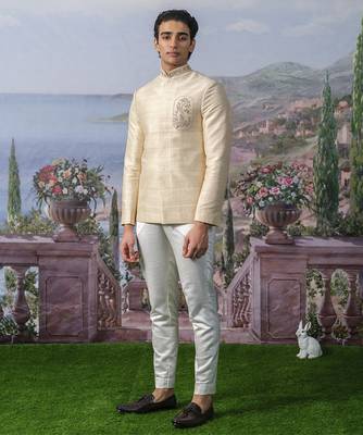 Beige embroidered chanderi silk bandhgala suit 1