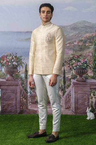 Beige embroidered chanderi silk bandhgala suit