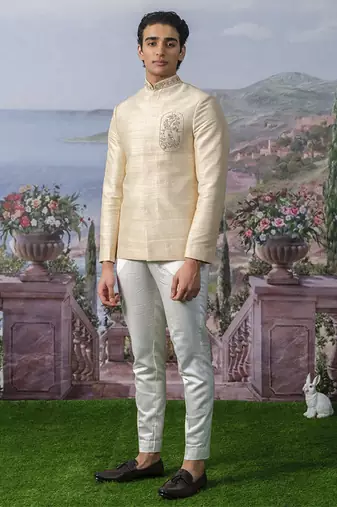Beige embroidered chanderi silk bandhgala suit