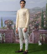 Beige embroidered chanderi silk bandhgala suit