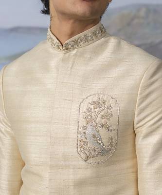 Beige embroidered chanderi silk bandhgala suit 2