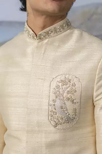 Beige embroidered chanderi silk bandhgala suit