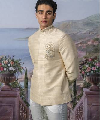 Beige embroidered chanderi silk bandhgala suit 3