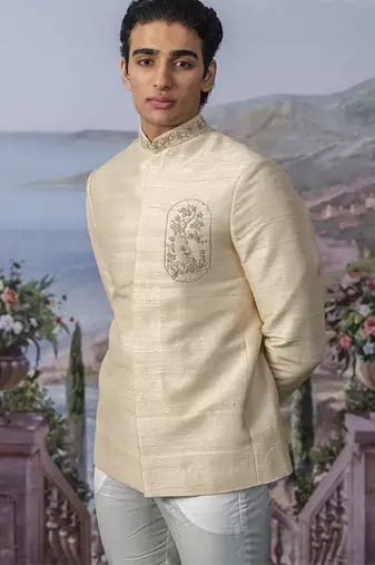 Beige embroidered chanderi silk bandhgala suit