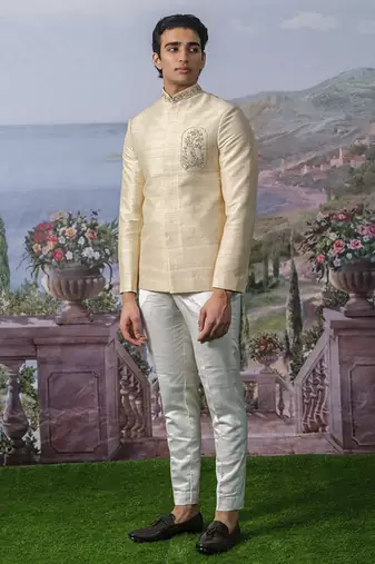 Beige embroidered chanderi silk bandhgala suit