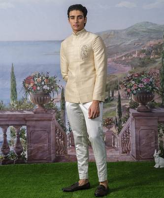Beige embroidered chanderi silk bandhgala suit 5