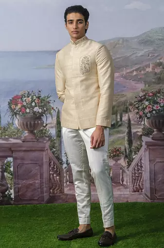 Beige embroidered chanderi silk bandhgala suit
