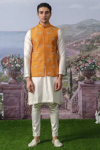 White plain chanderi silk kurta pajama with orange nehru jacket