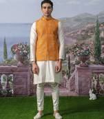 White plain chanderi silk kurta pajama with orange nehru jacket