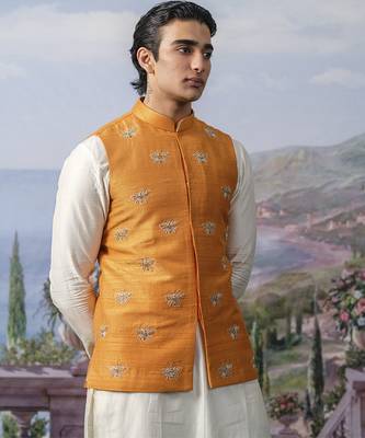 White plain chanderi silk kurta pajama with orange nehru jacket 2
