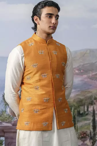 White plain chanderi silk kurta pajama with orange nehru jacket